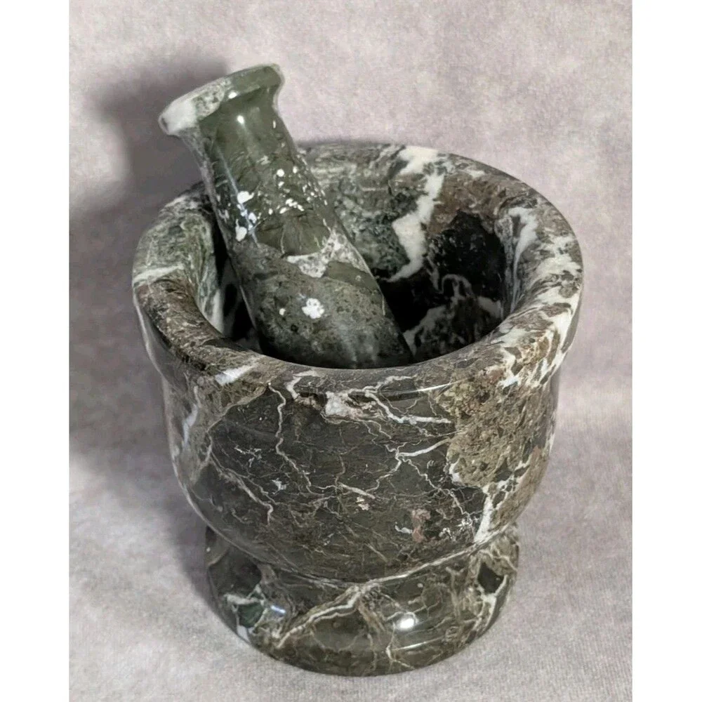 Stone Mortar & Pestle Set Gray Green & White Marbled Pattern Solid Onyx Material